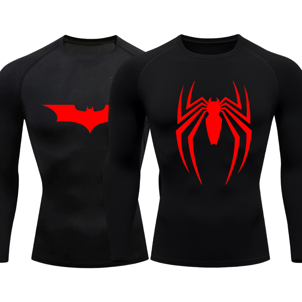 Kit 2 Camisetas Compressão Manga Longa Heróis Batman e Homem Aranha Camisa Proteção UV Masculina