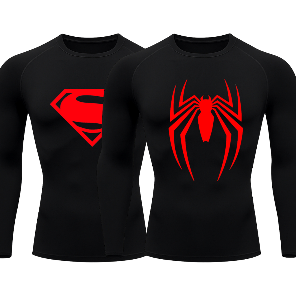 Kit 2 Camisetas Compressão Manga Longa Heróis Batman e Homem Aranha Camisa Proteção UV Masculina