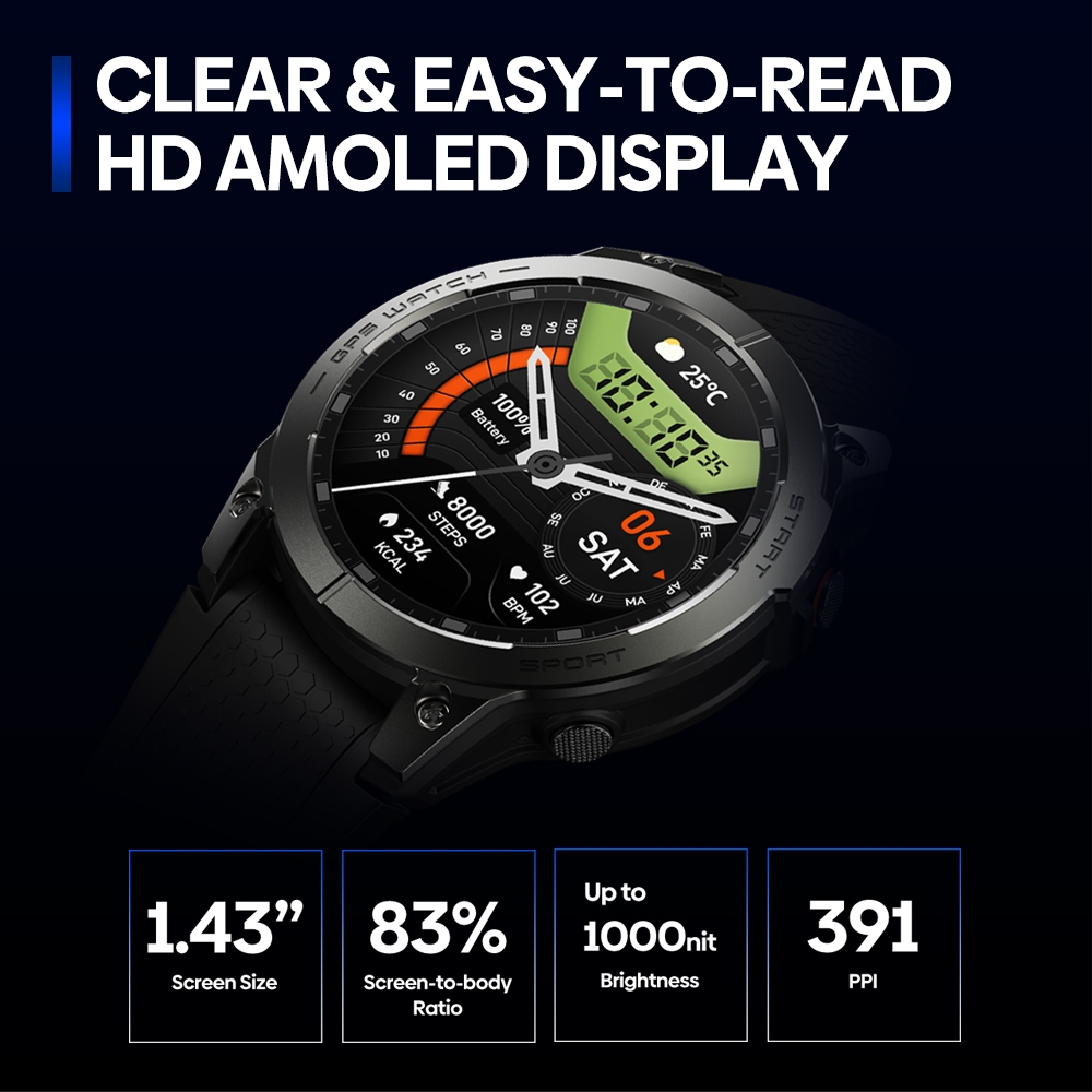 Zeblaze Stratos 3 PRO Smartwatch AMOLED 1.43" Corrida Relógio Inteligente GPS 18 dias de espera