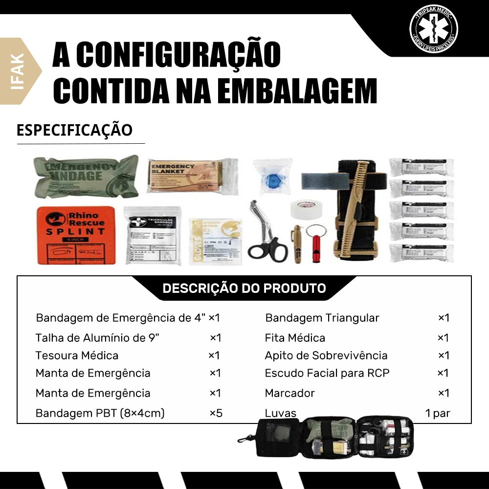 Kit Tático Preto 12 em 1 | IFAK Individual | APH | Ideal para Outdoor e Emergências