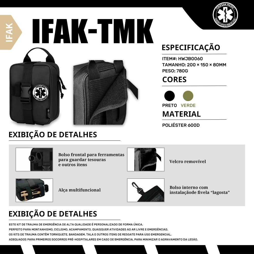 Kit Tático Preto 12 em 1 | IFAK Individual | APH | Ideal para Outdoor e Emergências