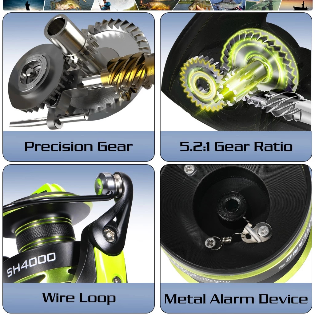 Carretel De Pesca 90Kg 5.2 : 1 Giratório 1000-7000 Com Cabo EVA Escuro fruta verde