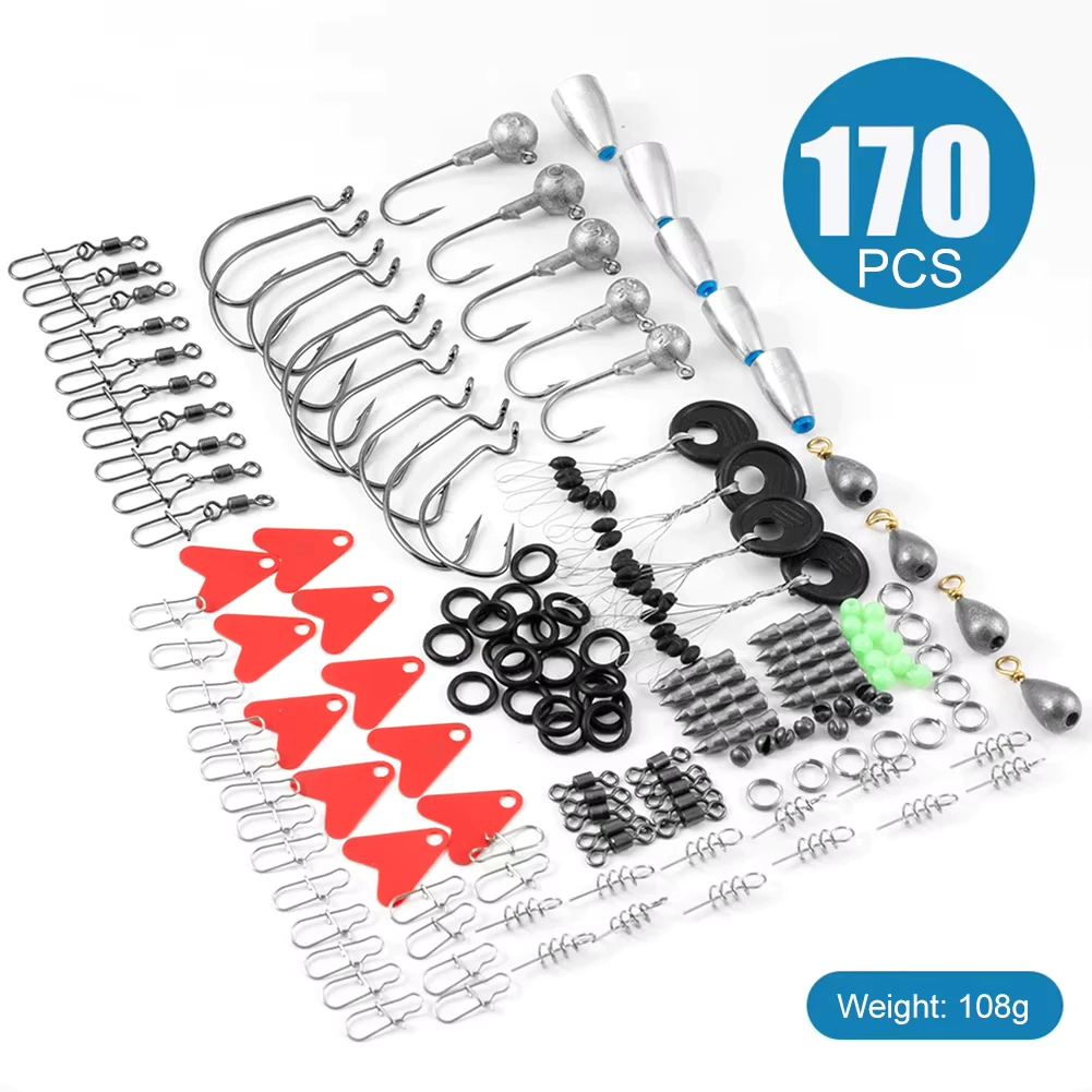Kit De Acessórios De Pesca 170 Unidades Com Caixa Anzóis Giratórios Ao Ar Livre