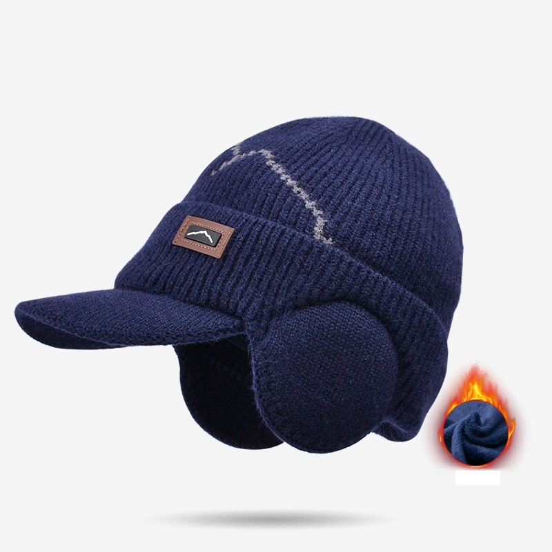 Gorros Skullies Masculinos Com Viseira Para O Calor Inverno Malha Earmuffs Grosso Lã Forrado Crânio Esqui Boné De Beiseb