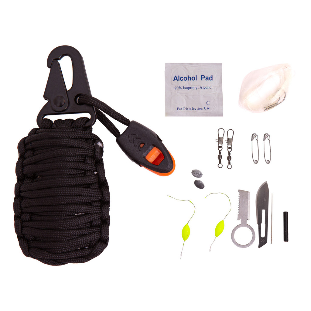 Chaveiro Paracord Kit Sobrevivência c/ Apito XGJ-8 (20 Itens)