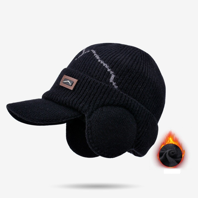 Gorros Skullies Masculinos Com Viseira Para O Calor Inverno Malha Earmuffs Grosso Lã Forrado Crânio Esqui Boné De Beiseb