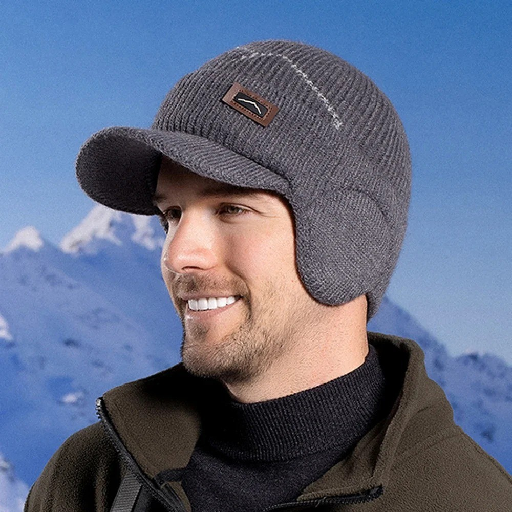Gorros Skullies Masculinos Com Viseira Para O Calor Inverno Malha Earmuffs Grosso Lã Forrado Crânio Esqui Boné De Beiseb