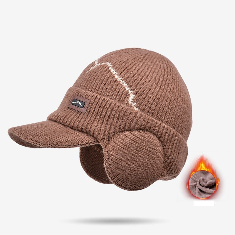 Gorros Skullies Masculinos Com Viseira Para O Calor Inverno Malha Earmuffs Grosso Lã Forrado Crânio Esqui Boné De Beiseb
