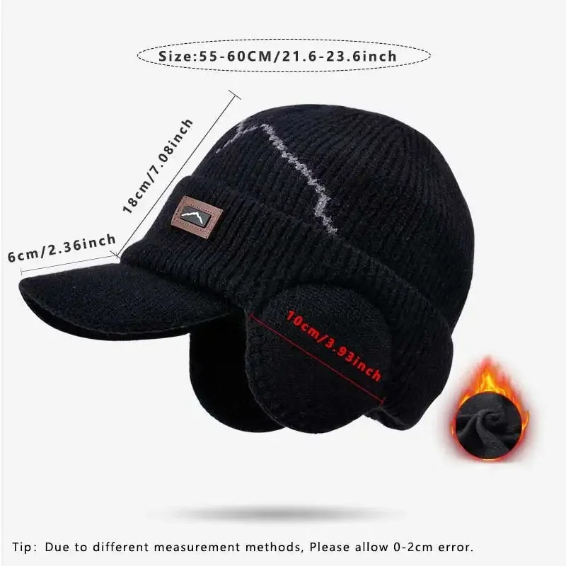 Gorros Skullies Masculinos Com Viseira Para O Calor Inverno Malha Earmuffs Grosso Lã Forrado Crânio Esqui Boné De Beiseb