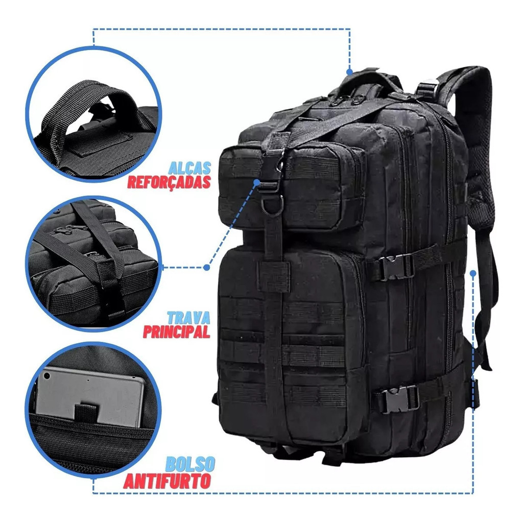 Mochila Militar Tática 40l Impermeável Grande Camping Litros Reforçada com Bandeira Masculina Feminina