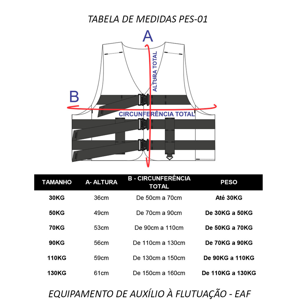Colete Flutuador Pesca Vopen 30kg 50kg 70kg 90kg 110kg 130kg