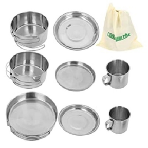 KIT PANELAS INOX CAMPING COZINHA ACAMPAMENTO OUTDOOR 8 PEÇAS COMPLETO VIAGEM PRAIA PESCA