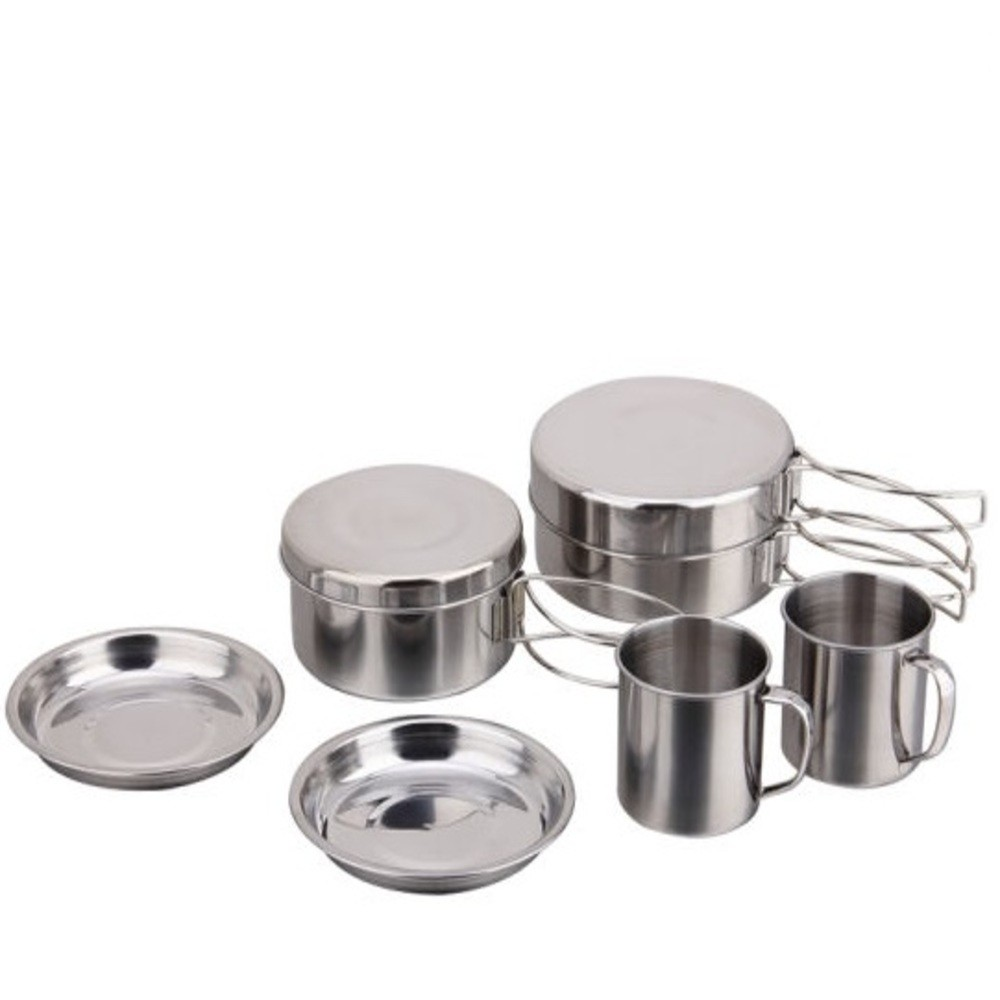 KIT PANELAS INOX CAMPING COZINHA ACAMPAMENTO OUTDOOR 8 PEÇAS COMPLETO VIAGEM PRAIA PESCA