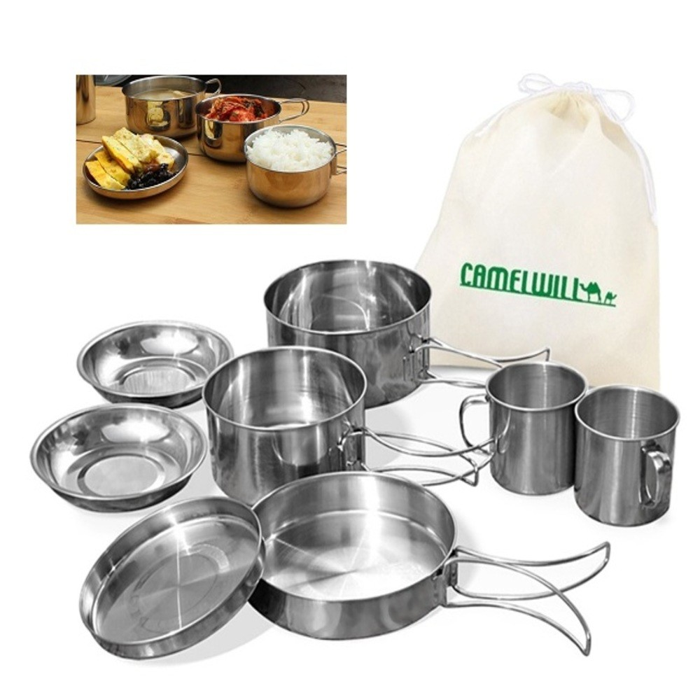 KIT PANELAS INOX CAMPING COZINHA ACAMPAMENTO OUTDOOR 8 PEÇAS COMPLETO VIAGEM PRAIA PESCA