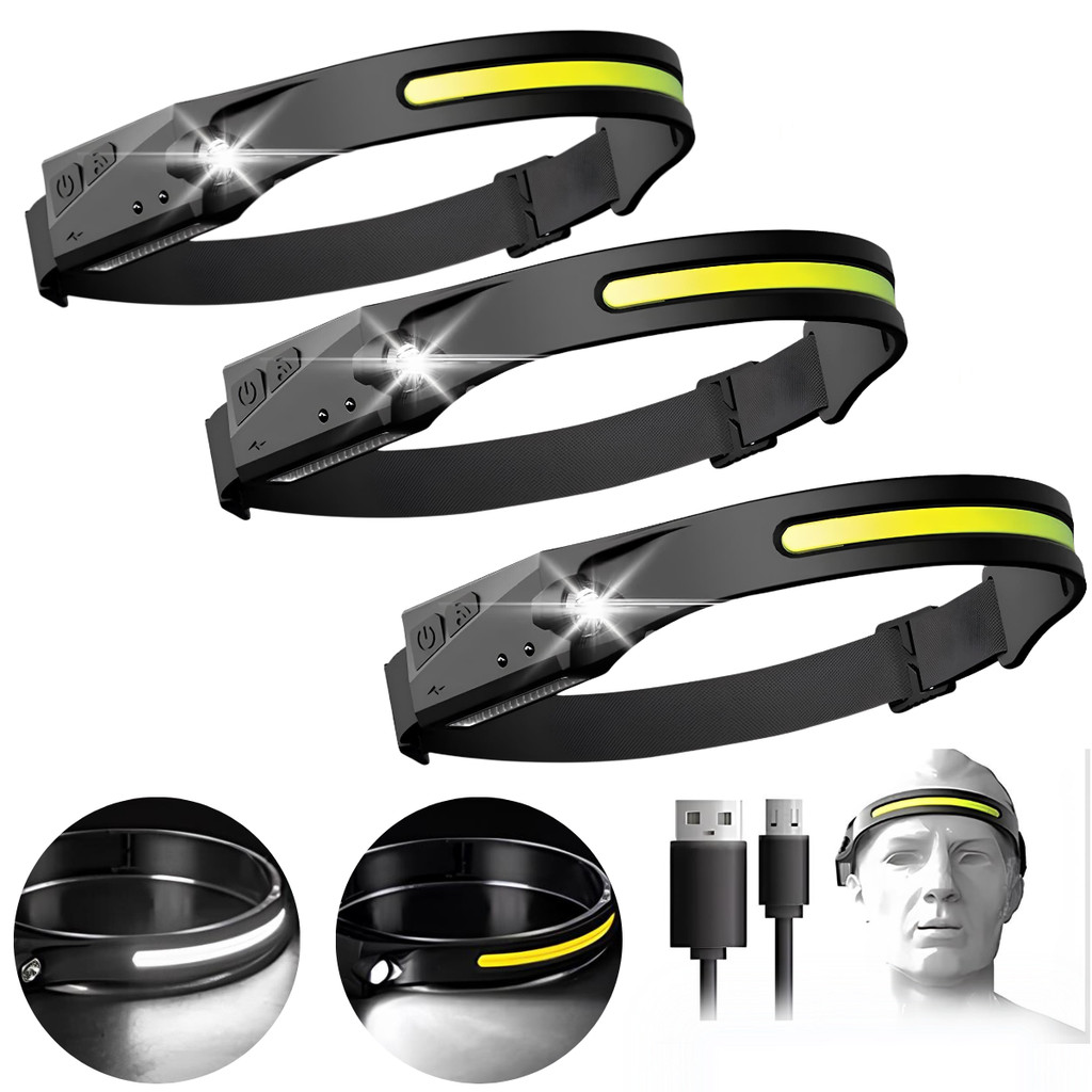 KIT 4 Lanterna de Cabeça Recarregável 3 Led Corpo Motion Camping Torch Light Lamp Com Usb