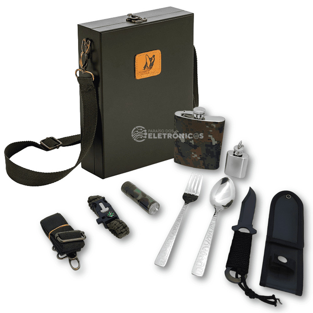 Kit Completo para Aventuras ao Ar Livre Faca Tática, Cantis e Lanterna em Maleta Compacta LKCD28