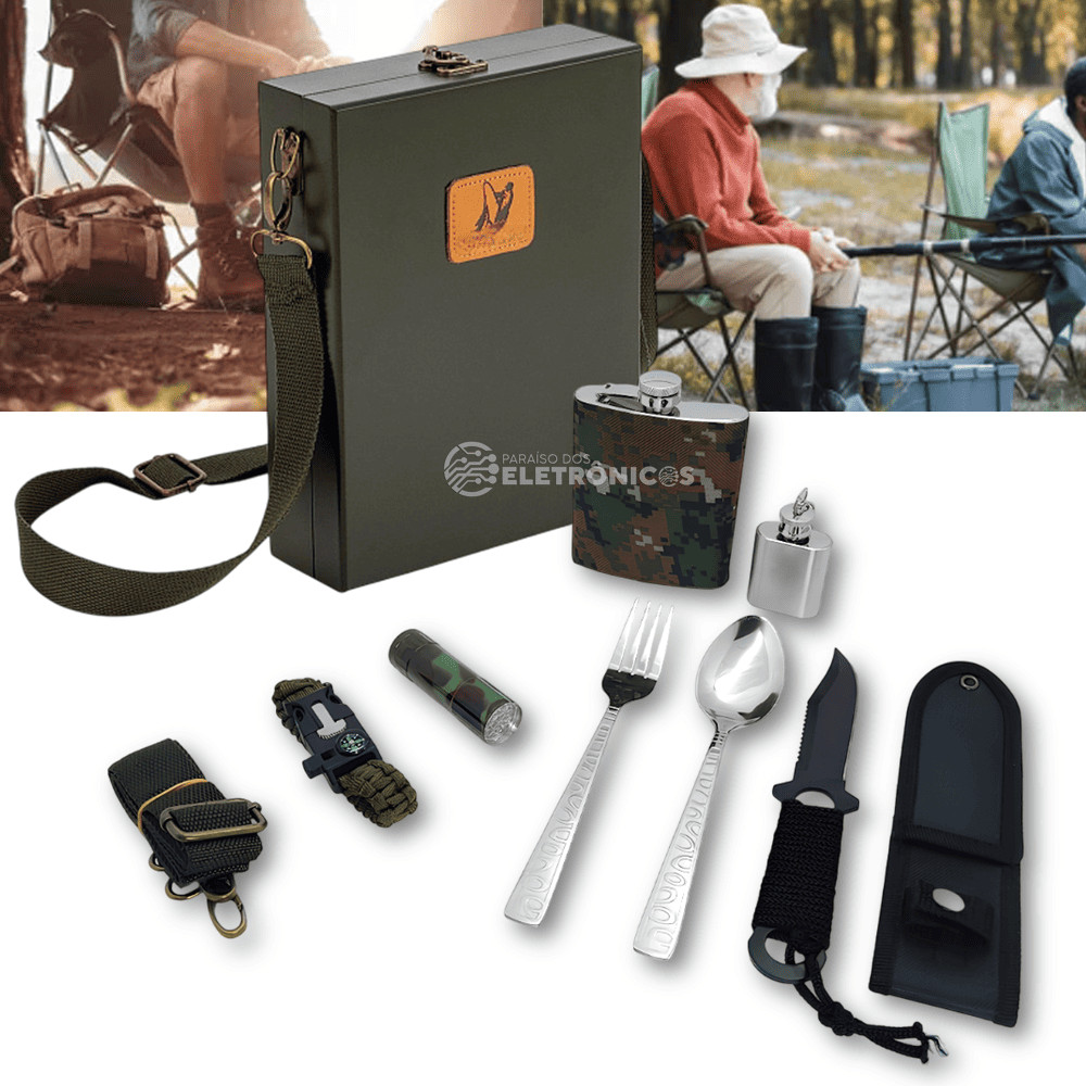 Kit Completo para Aventuras ao Ar Livre Faca Tática, Cantis e Lanterna em Maleta Compacta LKCD28