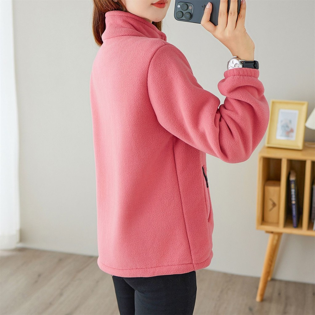 Jaqueta de Fleece Outono Inverno, Fleece de Floco de Neve, Cardigã Feminino de Fleece Fino com Gola Alta, Moletom Esport