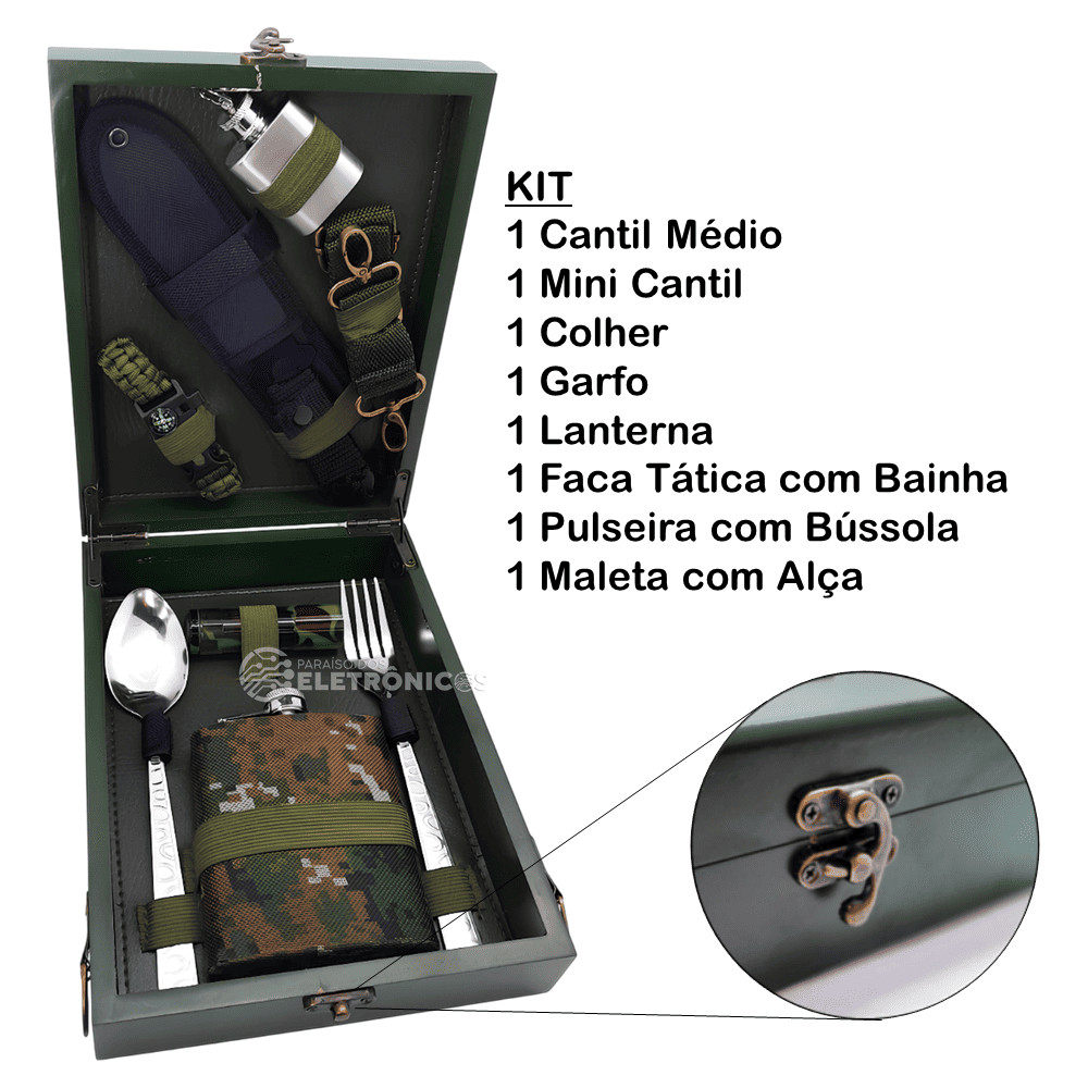 Kit Completo para Aventuras ao Ar Livre Faca Tática, Cantis e Lanterna em Maleta Compacta LKCD28