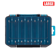 Uma caixa de pesca de duas faces para o armazenamento portátil de anzóis, iscas e outros acessórios de pesca.