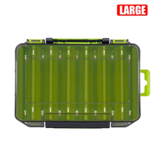 Uma caixa de pesca de duas faces para o armazenamento portátil de anzóis, iscas e outros acessórios de pesca.