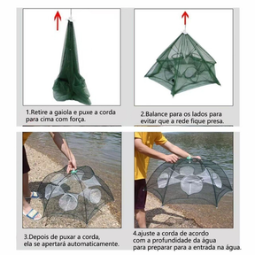KIT 4 Armadilha de Pesca com 6 Entradas - Rede Retrátil 90x90 para Isca Viva, Camarões, Lambaris e Peixes Pequenos